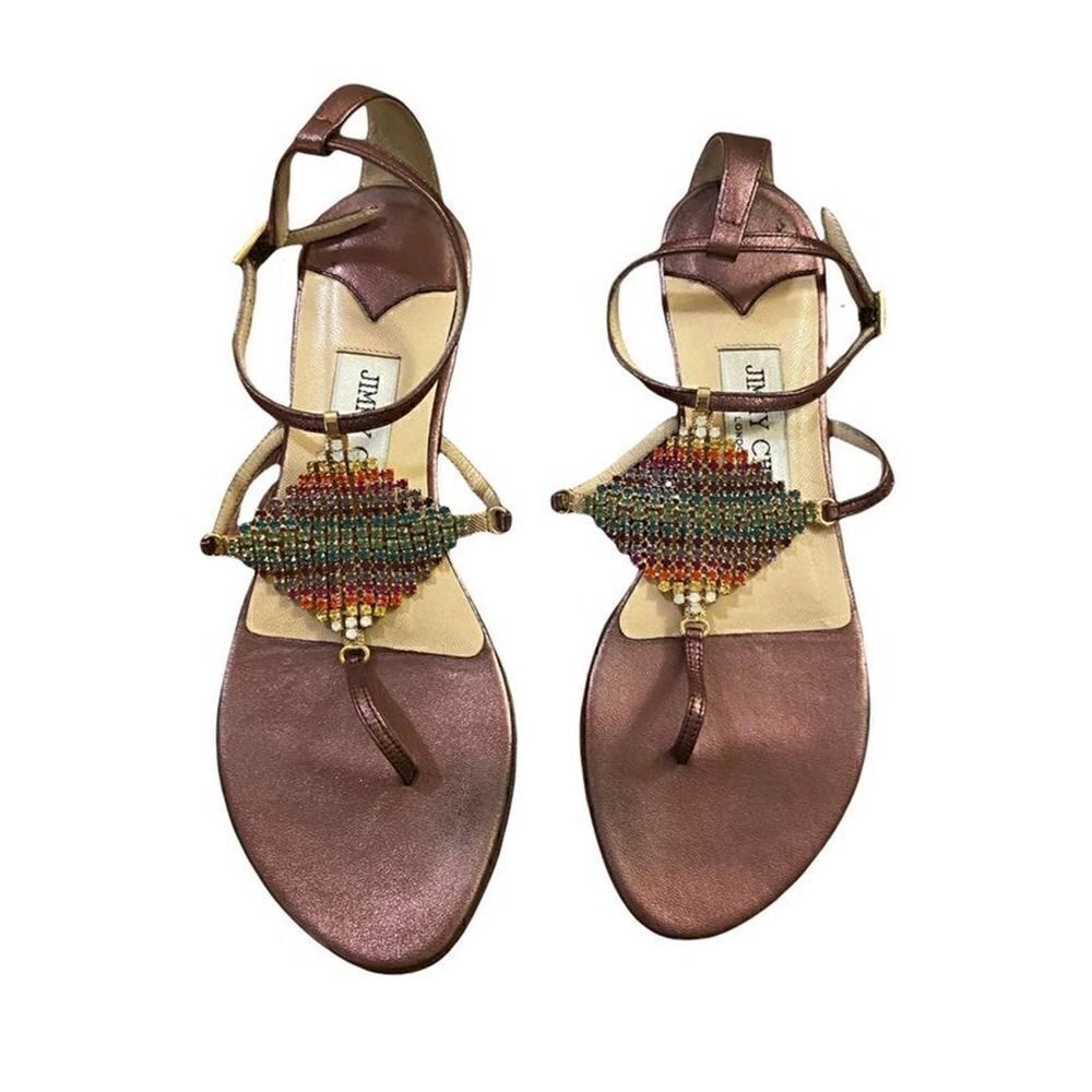 Jimmy Choo Bronze Leather Sandals with Rainbow Jewels Size 35